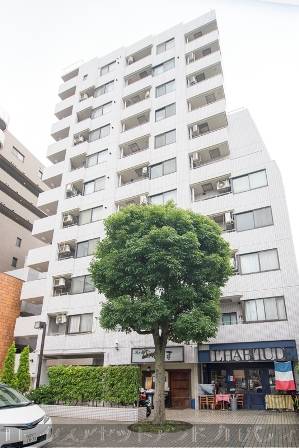 ウィンコート神楽坂外観1｜ウィンコート神楽坂マンションの外観は、堅牢なSRC造と全12階建てのシンプルなデザインです。上質な都市型住環境を実現するための落ち着いた外装が、安心感と快適さを兼ね備えていいます。