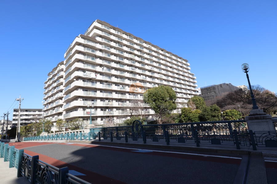 エクセル東陽町外観1｜エクセル東陽町は昭和59年築、14階建ての大規模マンションです。南側に仙台堀川公園があり緑に恵まれた住環境です