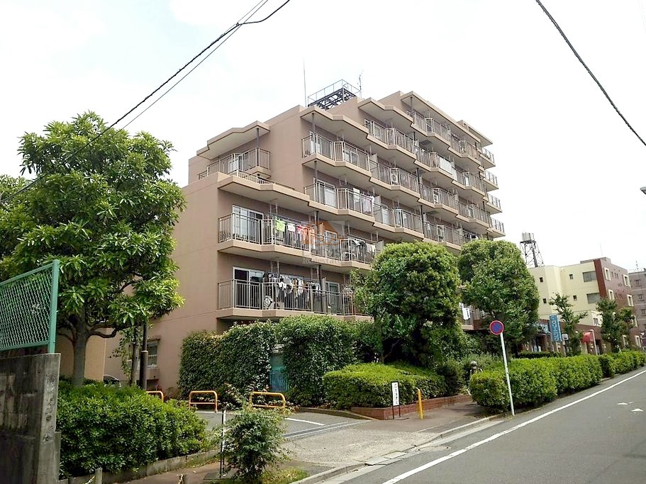 前面道路沿いに植栽と街路樹が連なり、低層部の開口と手すりが道路側に向き、角には歩道と縁石が写っています。洋伸小豆沢公園マンションは、昭和57年築、9階建てのマンションです。