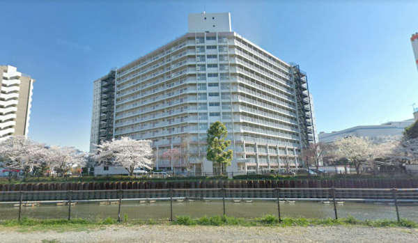 竹の塚スカイタウン外観２｜竹の塚スカイタウンは昭和４６年築、１４階建ての大型マンションです。建物北の毛長川沿いには桜並木があり、春はきれいです。