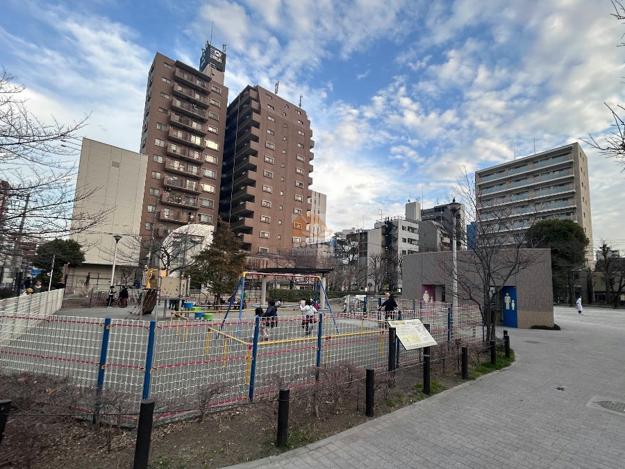 朝日シティパリオ三ノ輪の外観を、西側の台東区立東盛公園越しに捉えた一枚です。公園の遊具と植栽が手前に入り、建物までの距離感がゆったり感じられます。三ノ輪駅徒歩3分の立地ながら、視界に緑が入る点は日常の落ち着きにつながる環境といえます。