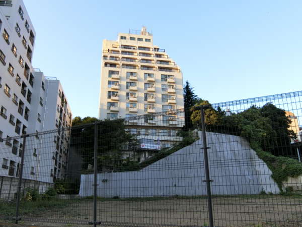 春日タウンホーム外観共用部10｜都道434号側から見た春日タウンホーム。神社の境内地の中に立っているのがわかります。