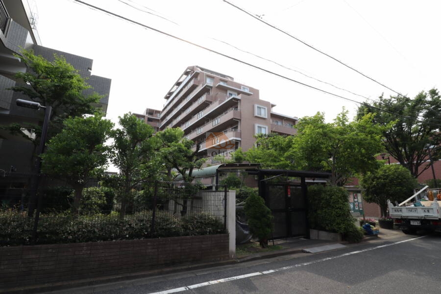 デュークコート小岩外観3｜デュークコート小岩マンションの外観3：周囲の道路や電柱も写り込んでおり、街区の雰囲気をリアルに伝えています。落ち着いた色味の外壁が特徴です。