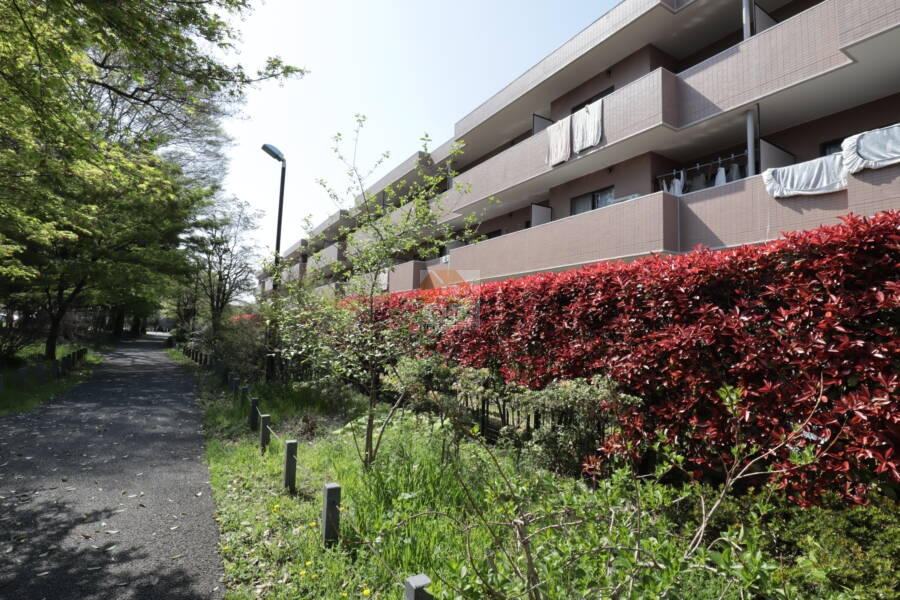 ファミールシティ武蔵関１番館外観2｜豊富な植栽と歩道のある緑道に隣接し、バルコニーからは四季の移ろいを感じられる住環境が整っています。