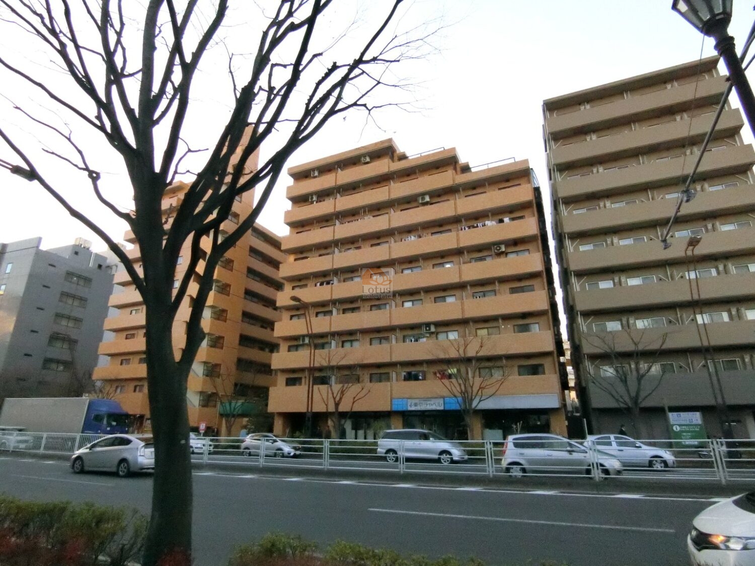 ニックハイム木場公園第６の外観。道路越しに建物全体を見た様子で、レンガ調の外壁が連続する9階建の姿が確認できます。街路樹と車の往来があり、大通りに面している立地の様子が伝わります。ＮＩＣハイム木場公園第６は、昭和60年築、9階建てのマンションです。