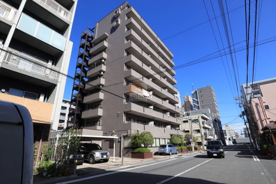 菊川ビューハイツの外観を南東側から撮影したカットで、周囲には中高層マンションが建ち並ぶ住宅街が広がっています。