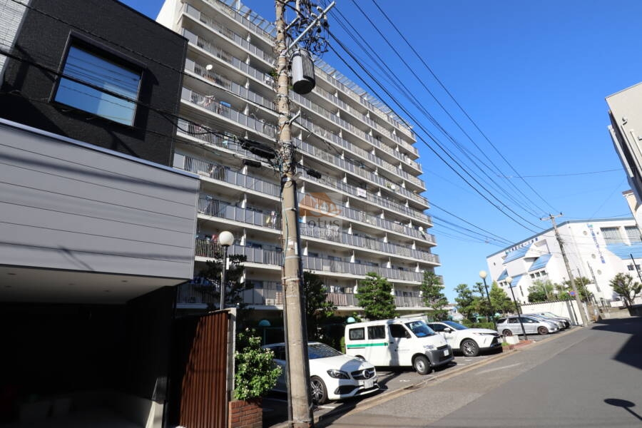 扇橋サンハイツ外観1｜扇橋サンハイツは１１階建てマンションです。小名木川と横十間川親水公園が交差する角地に建ち水辺環境が豊かな立地です。