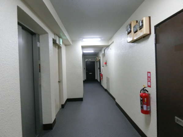 ライオンズマンション浅草三社 (2)｜共用廊下は中廊下タイプになっています。整然としていますね。古い建物ですので、階によっては配管などが出ている部分もあります。
