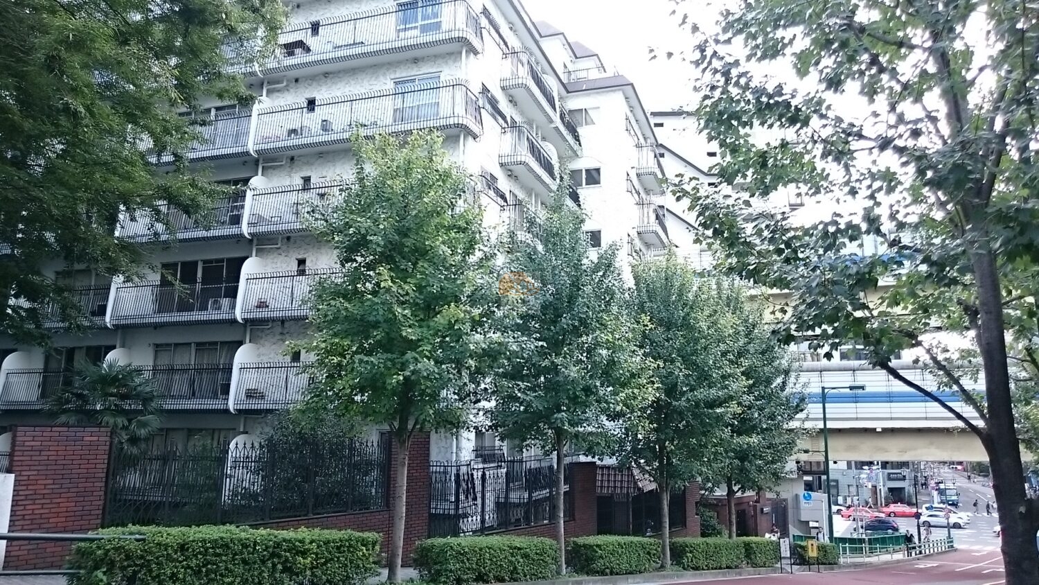 坂道に沿って伸びる建物配置が、敷地の高低差を自然に受け止めています。低グレードの位置づけではありますが、外周フェンスや植栽の配置により、外部との境界が明確。日向坂沿いという立地特性が、通行人の流れと居住空間を緩やかに分けています。