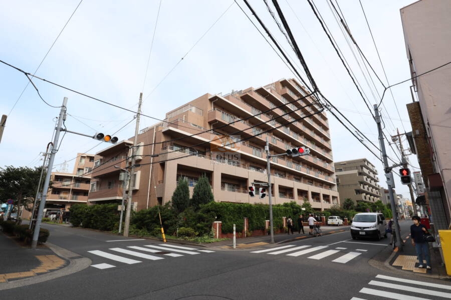 デュークコート小岩外観2｜デュークコート小岩マンションの外観2：斜めから撮影された構図で、建物の奥行きと角部屋の位置関係が確認できます。大通りに面した立地の様子も見て取れます。