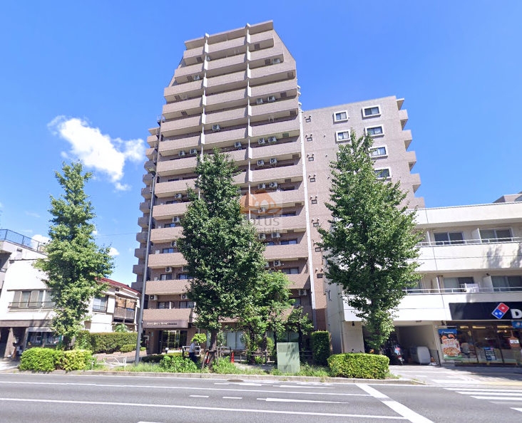 ライオンズプラザ本蓮沼の外観。大通り沿いにそびえる14階建ての住棟は、169戸のコミュニティらしい存在感を感じました。道沿いの並木と調和し、日常の通勤や買い物の行き帰りに、ふと安心感を与えてくれる景色です。ライオンズプラザ本蓮沼は、平成5年築、14階建てのマンションです。