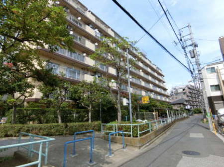 ダイアパレス綾瀬　外観2｜エントランスに向かって進んでいます。周辺の街路の様子をご覧になれると思います。