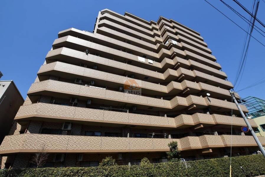 ライオンズマンション門前仲町琴平外観１｜ライオンズマンション門前仲町琴平は、全体にタイル貼りを採用し、12階建て構造です。周囲には植栽が施され、住環境に落ち着いた印象を与えています。