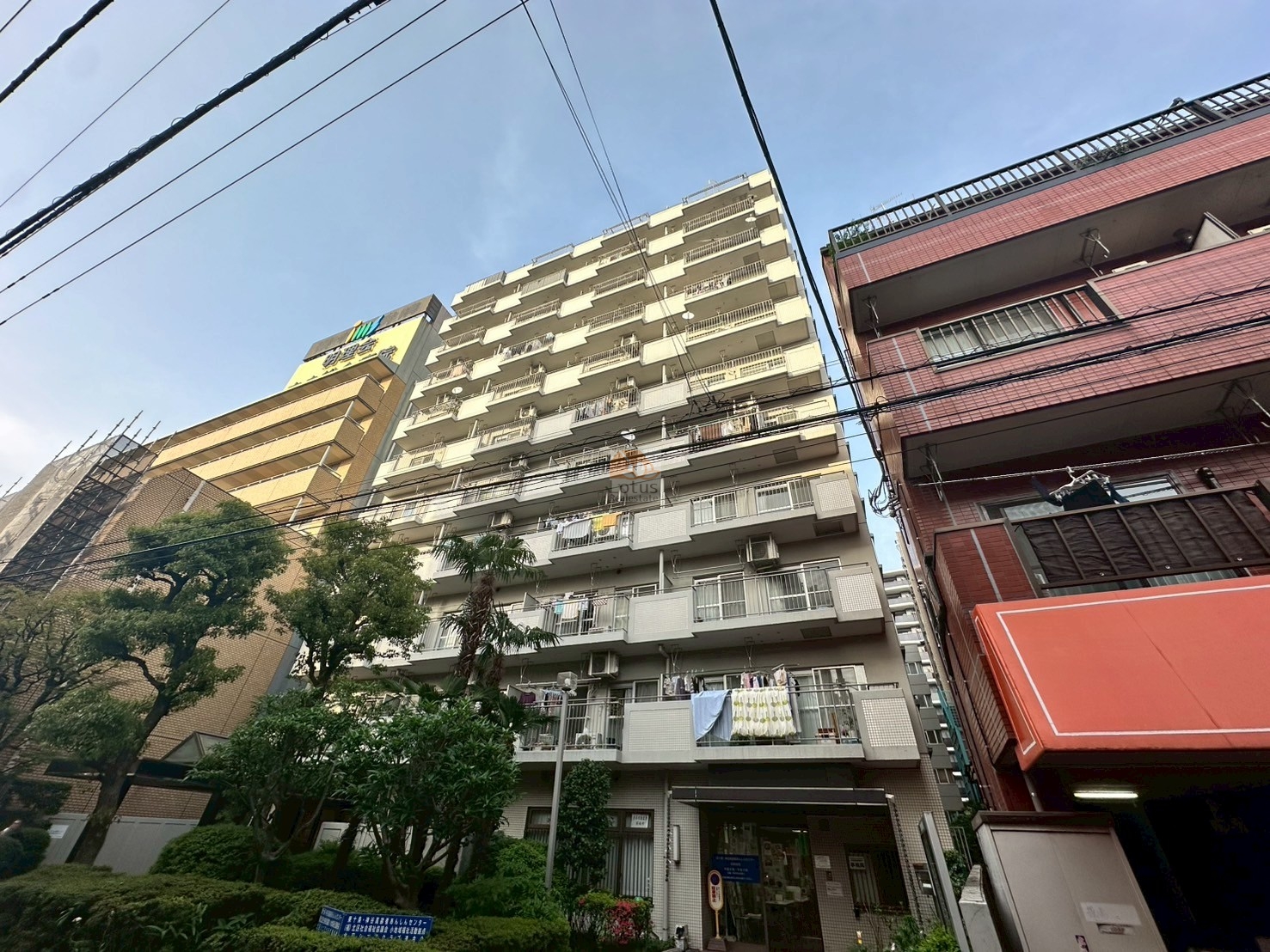東十条グリーンハイツの外観。建物の全体を見上げると、14階建ての規模感がよく分かります。バルコニーが整然と並び、低層部には植栽や樹木が配置されています。正面道路に電線が走り、周辺建物との近接感も確認できます。東十条グリーンハイツは、昭和60年築、14階建てのマンションです。