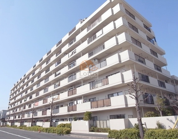 グレースコート竹ノ塚外観｜地上7階建・総戸数111戸の大規模マンションで、白系タイル貼りの外観がすっきりとした印象を与えます。バルコニーが整然と並び、街路樹と植栽が建物全体に落ち着きをもたらしています。