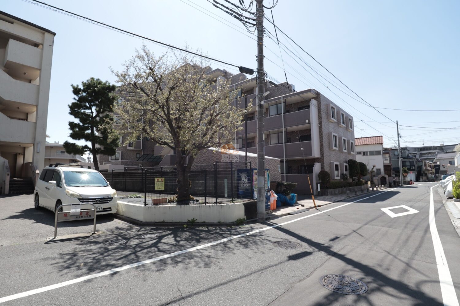 レクセルマンション西新井の北東側外観で、落ち着いたブラウン系タイルと段差をつけたバルコニー配置が確認できます。道路と建物の間に植栽帯があり歩道との距離が確保され、静かな住宅街の中で視認性が高く、生活動線が素直に読み取れる佇まいです。