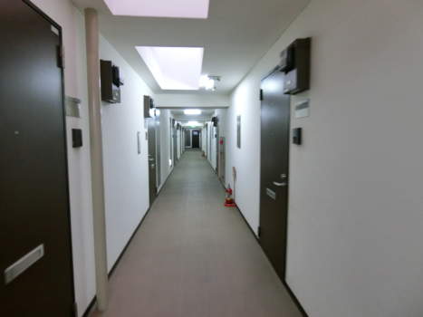 ハイネス野方外観・共用部2｜中廊下式共用廊下で事務所の表札も見えたことから事務所可の物件とみられます。