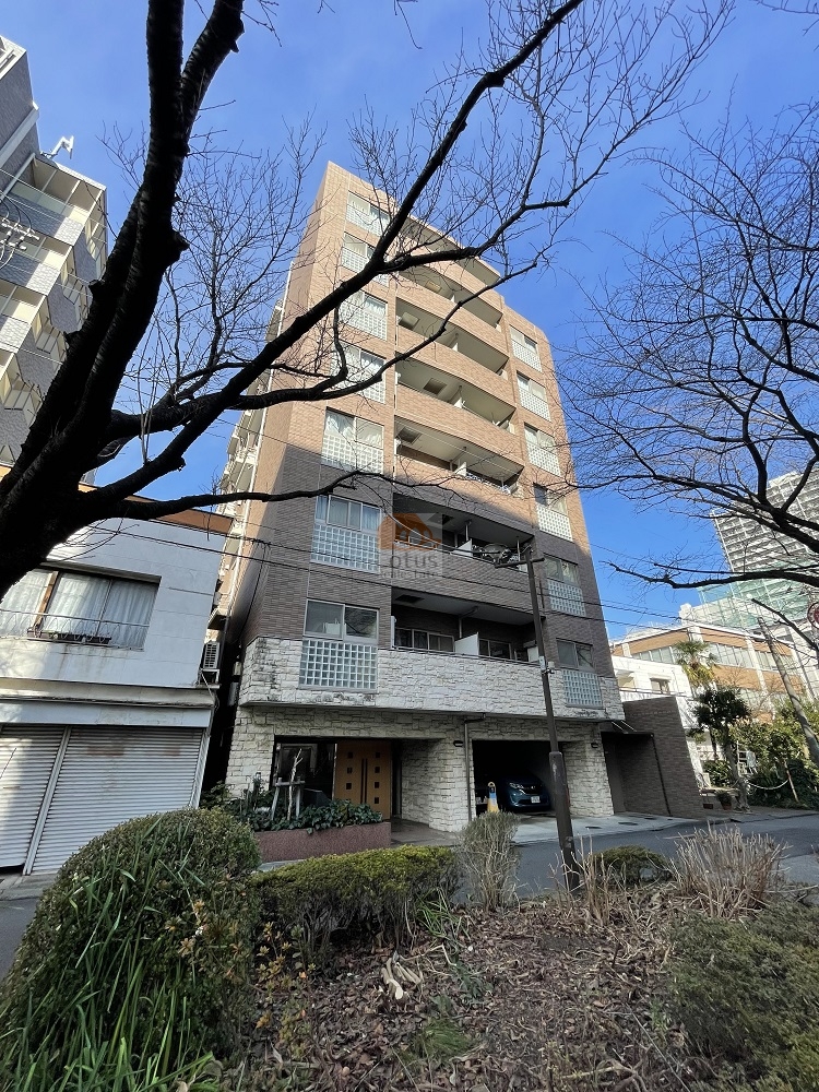 レンガ調タイルとガラスブロックを組み合わせた外観で、通り沿いでもほどよく個性を感じます。下層部の石貼りが落ち着きを添え、道路からの距離感も保たれています。