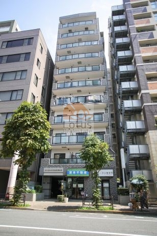 正面から見た外観です。バルコニーが縦に整然と並び、低層階には店舗や事務所が配置されています。道路沿いには植栽があり、建物の印象を柔らかくしています。ライオンズマンション根岸東は、平成11年築、13階建てのマンションです。