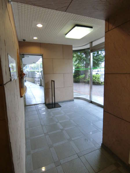 高円寺第２ダイヤモンドマンション8｜エントランスを入ったところから、外部を除いた様子です。古いマンションですが、明るいエントランスです。