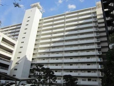 グリーンヒル西葛西は昭和５６年築、14階建ての長大なフォルムが整然と並ぶバルコニーラインとともに、大規模マンションとしての存在感を放っています。青空に映える白い外観は、清潔感とスケールの安心感を印象づけます。1号棟の南西側には区立西葛西小学校があります。