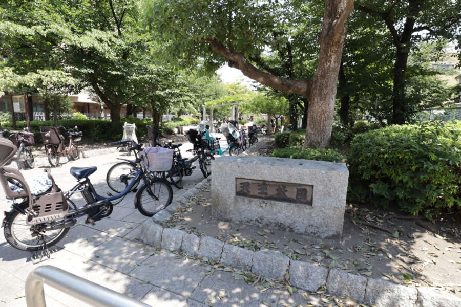 天王公園｜けっこう大きな公園です。滝の流れる大きな岩、木陰のベンチ、遊び場があったりします。