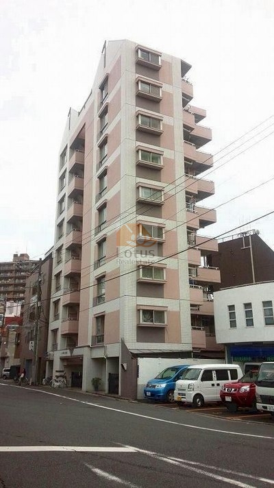 ピンクとホワイトのツートンカラーが印象的な外観で、縦のラインが強調された9階建てのフォルムです。道路沿いに位置し、前面には駐車スペースが設けられています。周囲には低層建物が並び、街並みにほどよく馴染んでいます。エールハイツ町屋は、昭和61年築、9階建てのマンションです。