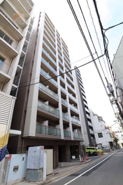 日神デュオステージ浅草三筋外観4｜外観（裏手側）。片側に並ぶバルコニーが整然と配置され、プライバシー性と開放感のバランスが感じられます。前面道路は比較的落ち着いた環境です。