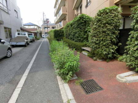 エンゼルハイム北綾瀬外観4｜西側は道路の拡幅に対応しているものとみられます。公開空地となっておりベンチが設置されていました。生け垣が整然と整備されています。