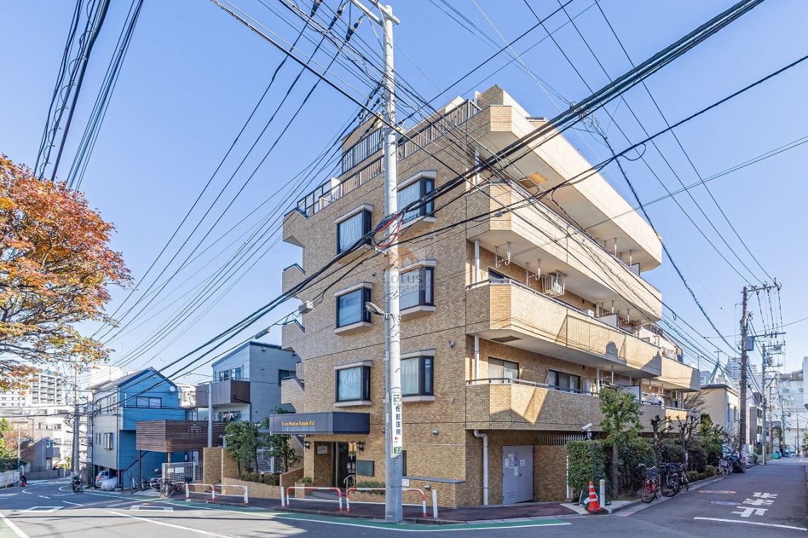 板橋区役所前駅徒歩7分、新板橋駅徒歩10分、下板橋駅徒歩12分と3駅利用可能な立地に建つ外観です。角地に面した配置で、空が広く抜けるような見え方になり、日中は自然光が建物の輪郭をやわらかく縁取ります。新耐震基準に適合した構造で、住宅街の流れに溶け込みながらも、通風と視認性の良さを感じやすい構成といえます。