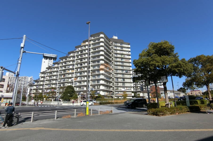 日商岩井亀戸マンション外観4｜こちらは大通りからみたファサードです。周りに大きな建物がないので、割と開放的に見えました。