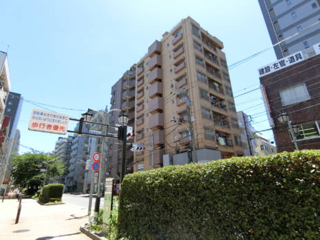 ハイライフ桜台外観共用部1｜スッキリした印象をうける千川通り沿いです。日中は、車の交通も多少あります。