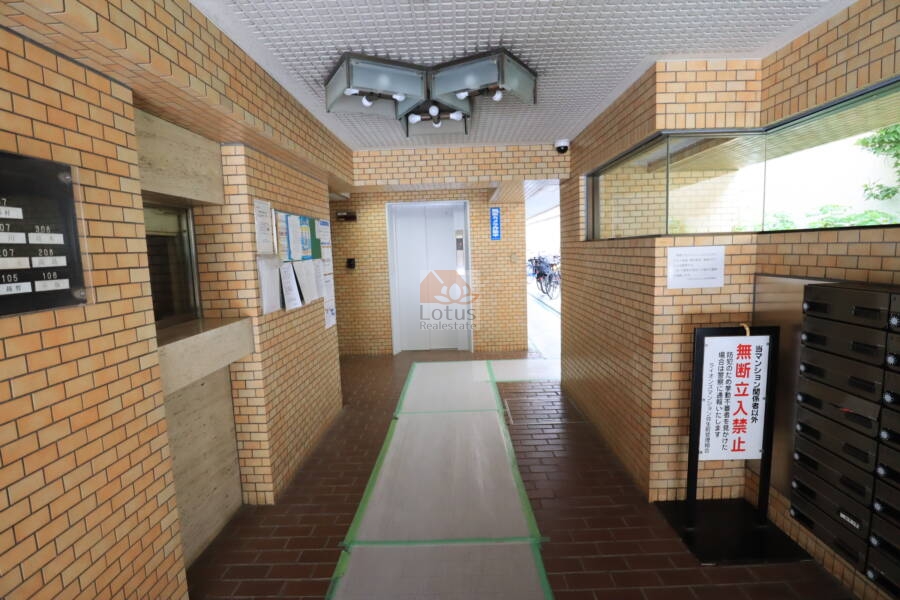 ライオンズマンション弥生町共用部1｜エントランスは置くに引きのある構造ですが、明り取りの窓があり、暗さを感じさせませんでした。オートロックなどはありません。