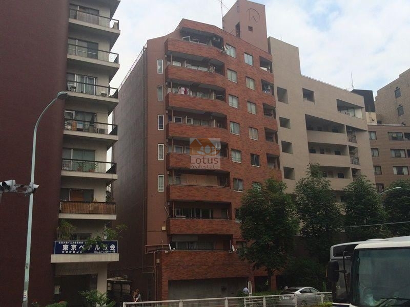 道路に面した赤茶系タイルの中層マンションで、通り沿いに街路樹が並びます。御苑ハイムは、昭和54年築、9階建てのマンションです。