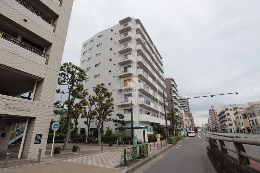 ライオンズマンション立花外観2｜白く塗られた高層マンションの外観です。表通りに面する方向にバルコニーが設けられています。