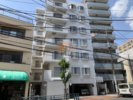 パシフィックパレス梅島の外観。ホワイト系の外壁が特徴の8階建てで、駅近ながら落ち着いた通りに面している。1階部分には屋内駐車スペースを確保し、利便性も兼ね備えた建物構造です。