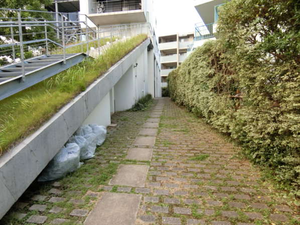 グラントレゾール中野鷺ノ宮外観共用部5｜建物の２～４階には階段で上がっていくわけですが、階段の右脇を抜けると１階部分へのアプローチです。