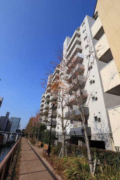 月島ハイツ外観2｜月島ハイツは昭和４９年築の１０階建てです。目の前に月島川があるリバーサイドマンションです。