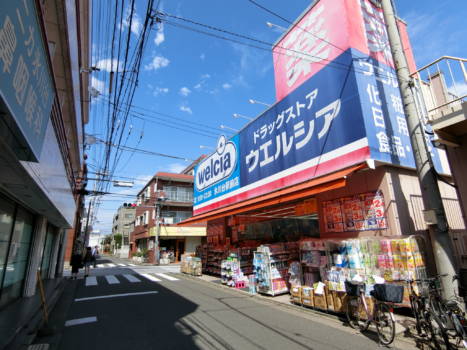 駅をでて住宅地に向かって北上しますと、ドラッグストアの横を通り過ぎます。