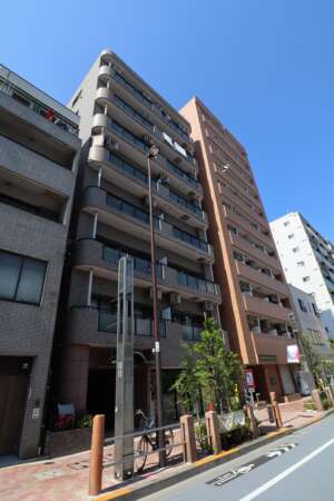 グリーンパーク天神外観1｜グリーンパーク天神は平成１０年築の８階建てのマンションです。「亀戸」駅から徒歩１０分、「錦糸町」駅から徒歩１２分です。商業施設「オリナス錦糸町店」まで徒歩５分と便利な立地が特徴です。
