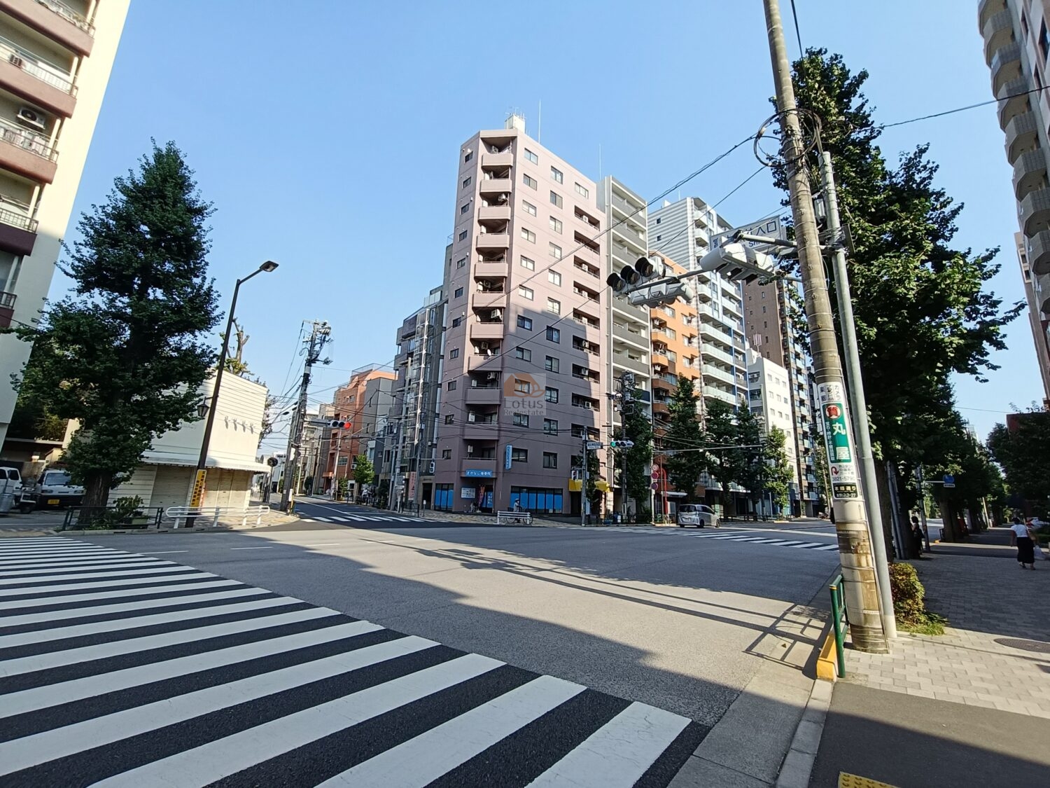 サンサーラ駒込の外観写真で、本郷通りに面した交差点角地の立地が確認できます。通りに開けた視界で、商業施設や生活利便性の高さを実感できるポジションです。サンサーラ駒込は、昭和58年築、12階建てのマンションです。