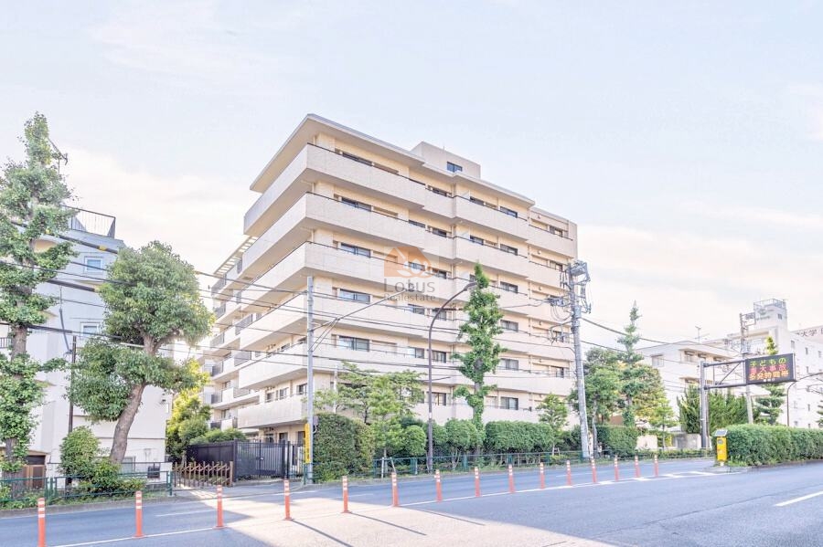 石神井公園パークホームズの外観。淡いベージュ系のタイル貼りが印象的な7階建てで、通り沿いに整然としたファサードが並びます。周囲の植栽や前面道路の開放感が、落ち着いた住環境を際立たせています。石神井公園パーク・ホームズは、昭和61年築、7階建てのマンションです。