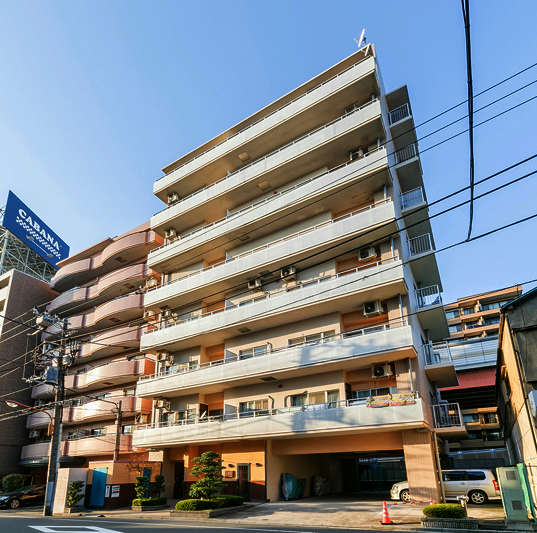 ピュア森下プルミエール外観１｜ピュア森下プルミエールは平成１２年築の８階建てのマンションです。都営新宿線「森下」駅から徒歩５分です。北側は竪川に接し、竪川の上を首都高が走っています。エントランスは反対の南側に向いています。