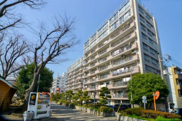 コーポ中野外観｜コーポ中野は昭和４５年築、１０階建て、総戸数１３０戸以上の大規模マンションです。バルコニー前には宮前公園と緑道があり、日当たり良好です。