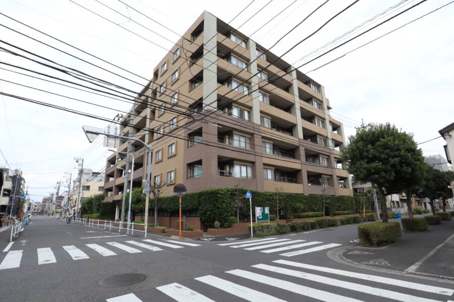 レクセルガーデン新小岩第２外観1｜レクセルガーデン新小岩第２は、東京都葛飾区東新小岩5-10-2にある、地上7階建ての鉄筋コンクリート造のマンションです。外観はブラウンとベージュのタイル張りが特徴です。