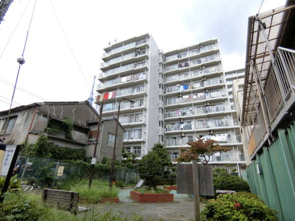 亀戸天神リリエンハイム外観共用部7｜建物の南側の様子です。小規模な公園に隣接しています。