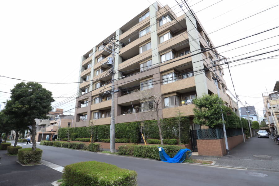 レクセルガーデン新小岩第２外観2｜建物は角地に位置し、開放的なロケーションです。広めの通りに面しており、周囲には緑が多く配置されています。