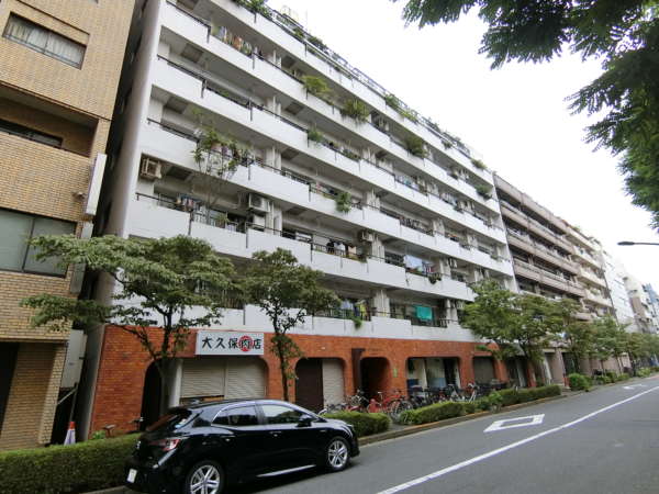 アルプスマンション西大久保外観共用部1｜アルプスマンション西大久保は９階建てのマンションです。明治通りから一本入った静かな住環境です。東新宿駅、西早稲田駅、新大久保駅が徒歩圏内です。