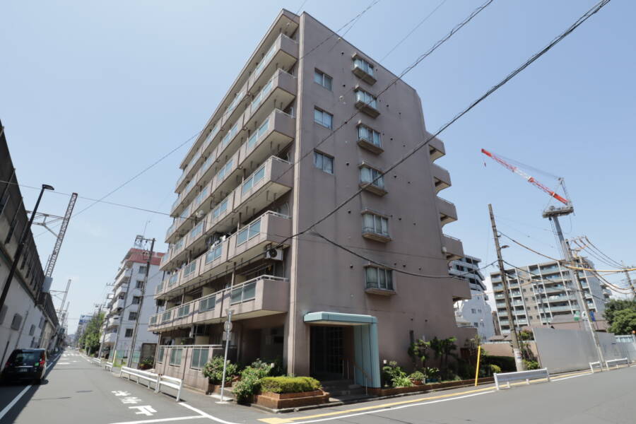パークハイツ錦糸町第２外観3｜パークハイツ錦糸町第２は昭和６０年築、７階建てのマンションです。「錦糸町」駅から徒歩９分、総武線が目の前にあり、日当たりの良い立地です。