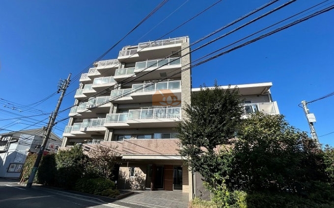 角地の歩道に面して、ガラス手すりのバルコニー、6階建てのエクセレント光が丘、低層の建物が隣接して並んでいます。エクセレント光が丘は、平成18年築、6階建てのマンションです。周辺は落ち着いた住宅街です。